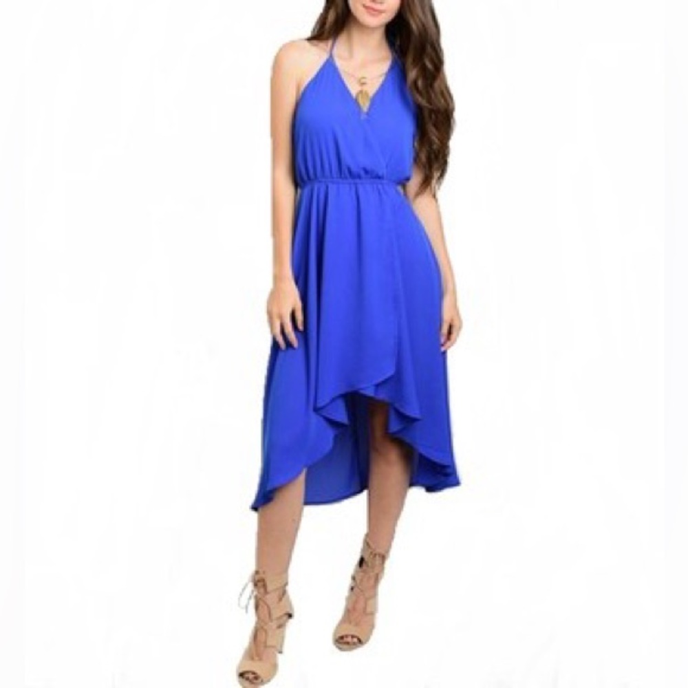 Blue High Low Halter Evening Wrap Dress   Spanish Ruffle Salsa Dancer Large